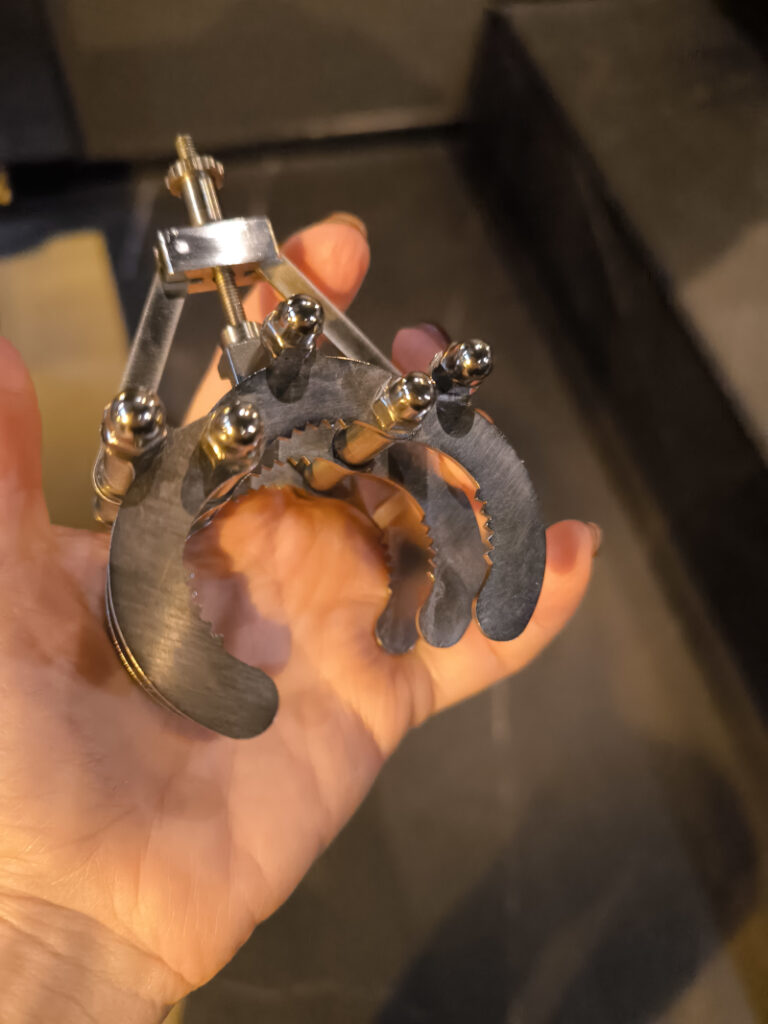 A hand holding a stainless steel BDSM clamp device with adjustable screws in a close-up view.